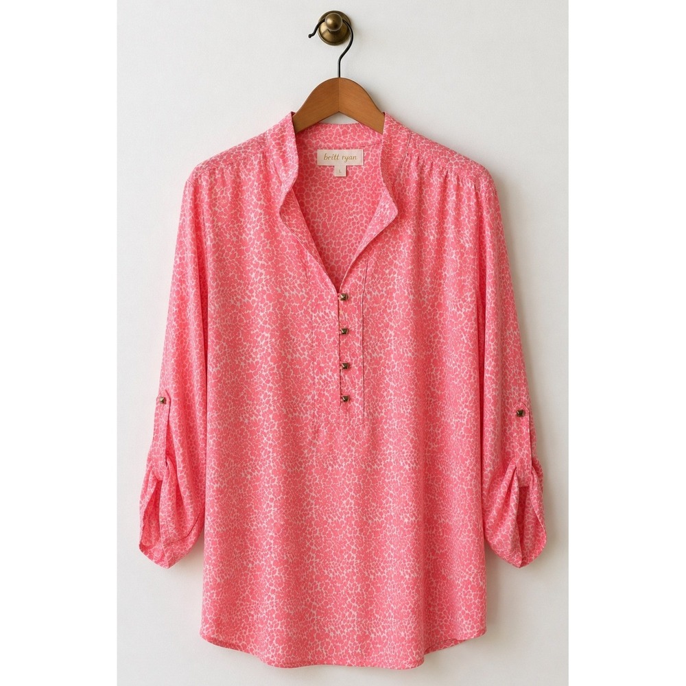 Britt Ryan Silk Tunic Blouse Women Large Pink Leopard Print Roll Tab Old Money